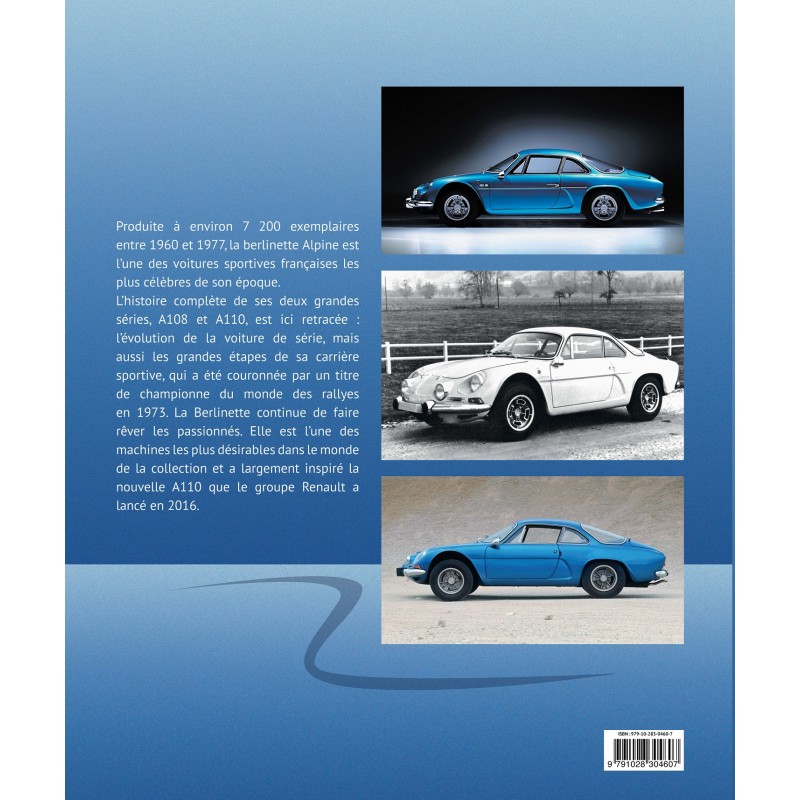 Alpine Berlinette A108 e A110 Três fotografias de carros Alpine em fundo azul com texto em francês e código de barras