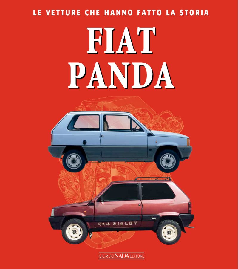 Fiat Panda Capa de livro vermelha com duas imagens laterais de carros Fiat Panda azul e vermelho e texto em italiano.