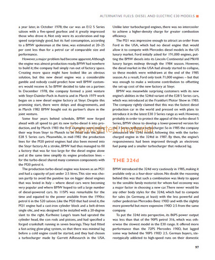 Bmw E30 - The Complete Story Página de livro com texto impresso em inglês sobre carros BMW