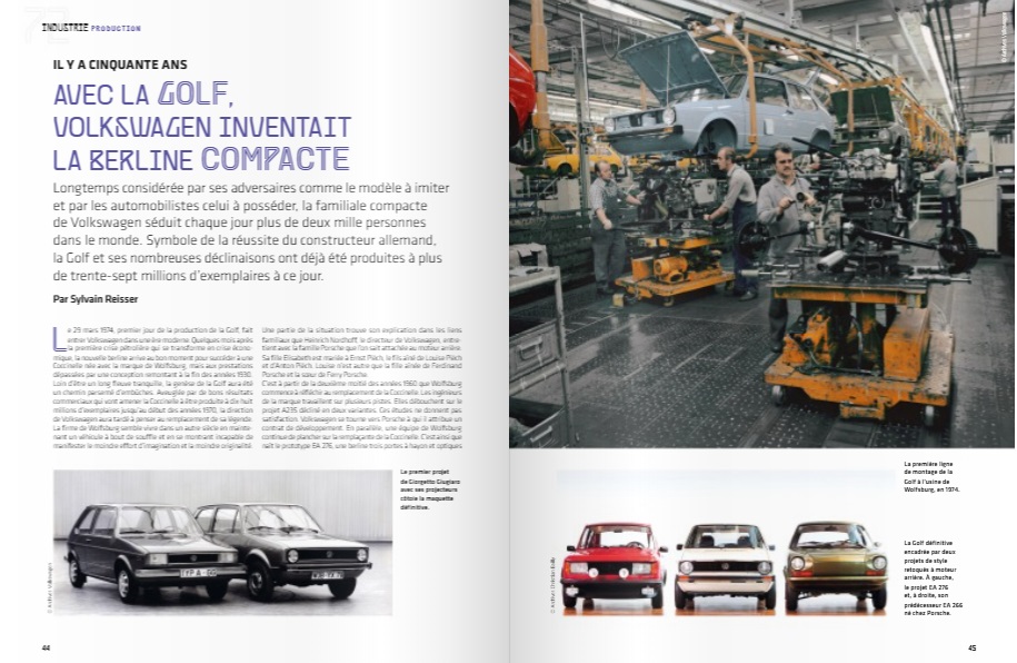 L'année automobile 2024-25 (Nr. 72) Artigo de revista sobre Volkswagen Golf com fotos de carros e linha de montagem