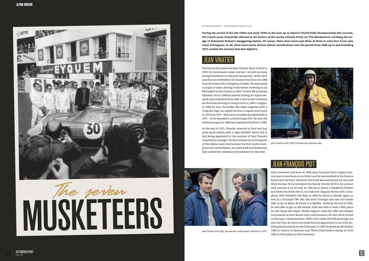 Alpine in racing and rallying 1952-1978 (Vol 46 automobilsport) Página dupla da revista com foto e texto sobre pilotos de corrida e carros antigos.