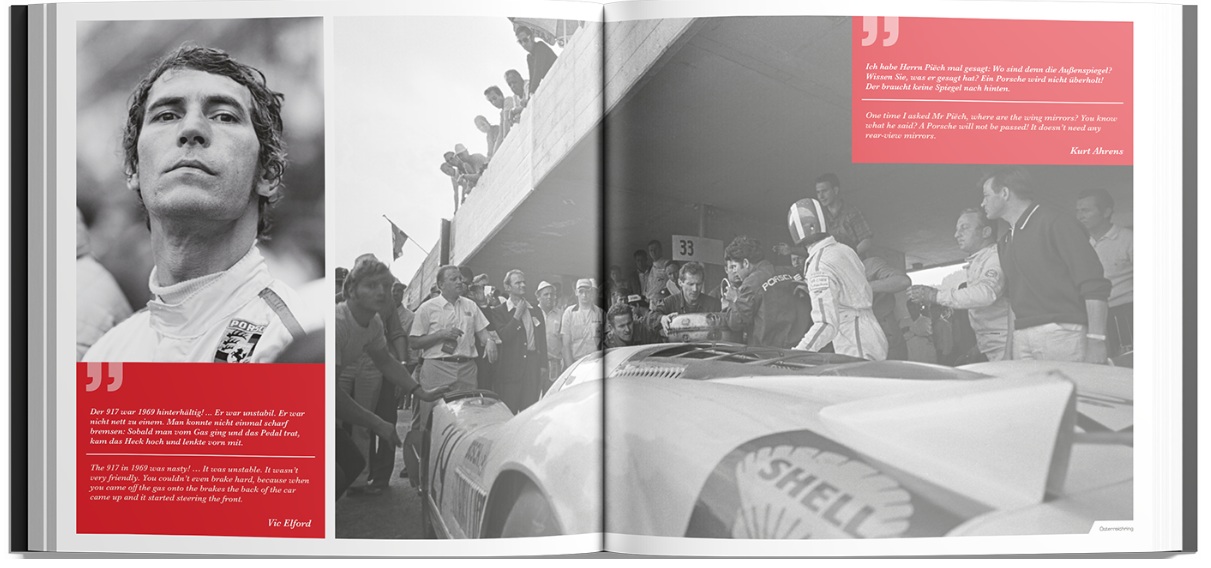 Porsche 917 - The Film - Premium Edition (Book & DVD) Livro aberto com fotografias e texto sobre corrida automóvel