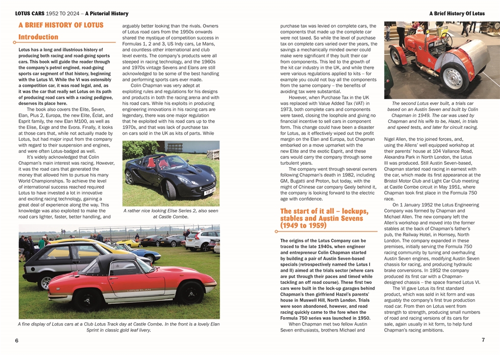 Lotus Cars 1952 to 2024: A pictorial History Duas páginas de livro sobre Lotus com fotos de um Lotus Elise preto e um Lotus Elan Sprint vermelho e branco.