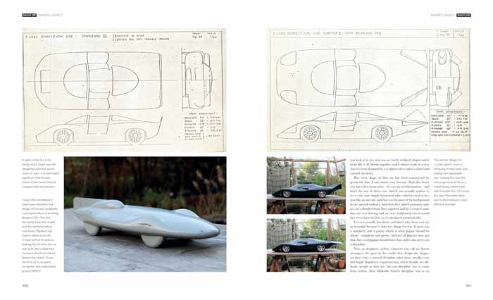 9600 HP - The Story of the World's Oldest E-type Páginas de livro com desenhos técnicos e fotografias de modelo de carro em madeira
