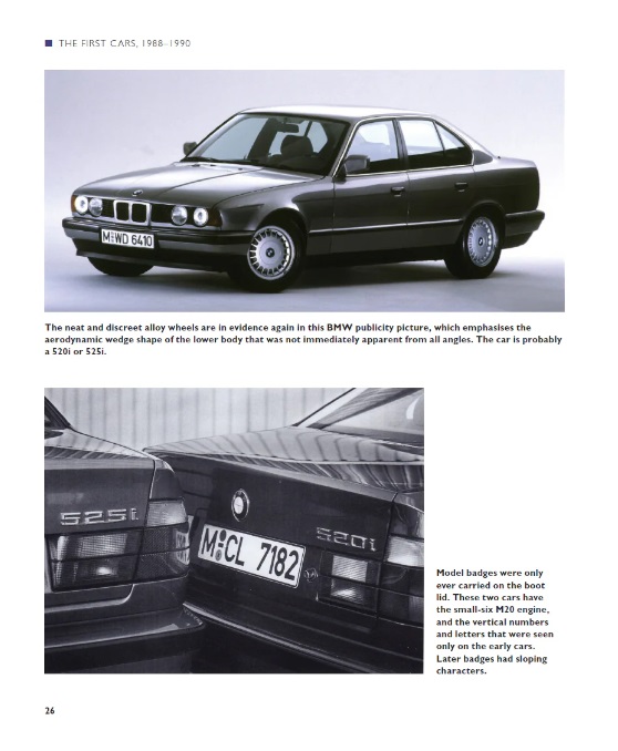 Bmw E34 - Complete history Página de revista com fotos de carros BMW antigos pretos com matrículas e inscrições visíveis