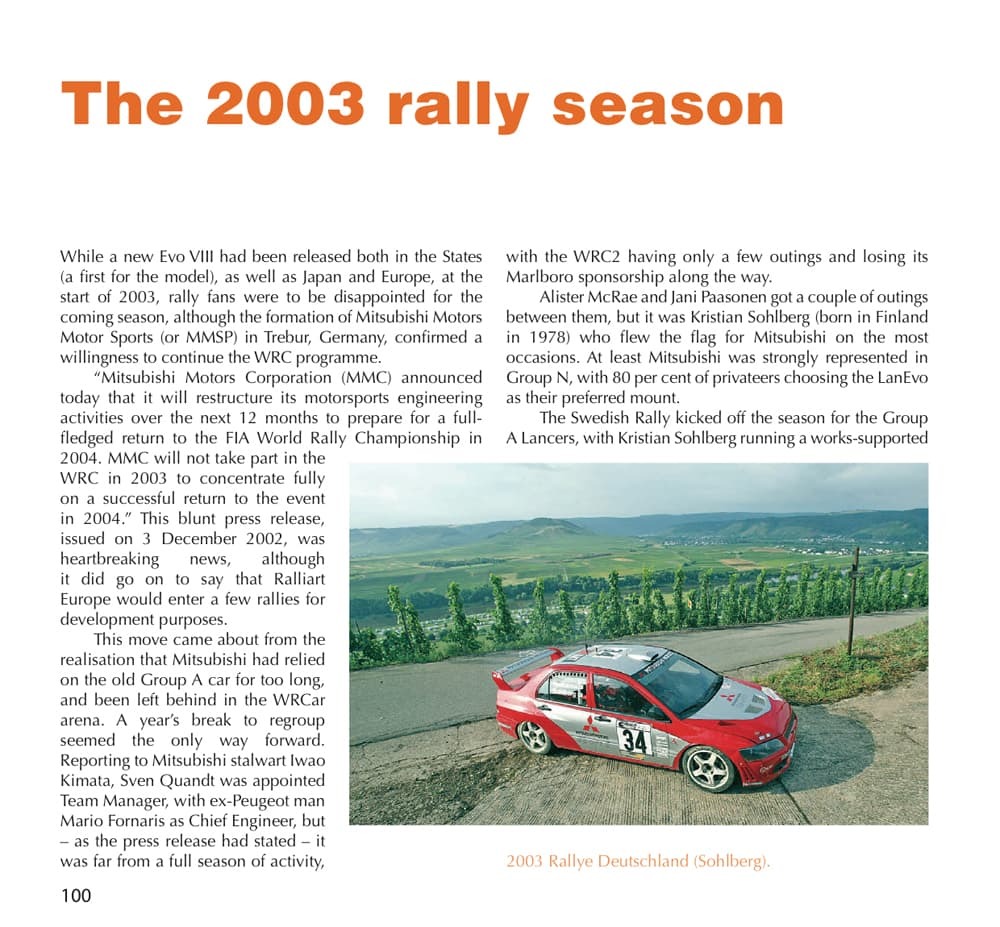 Mitsubishi Lancer Evo Página de livro com texto sobre rally e foto de carro Mitsubishi vermelho e branco número 34