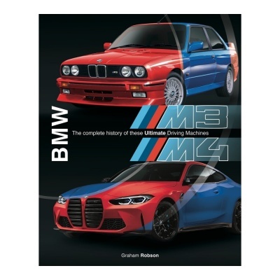 Capa de livro com dois carros BMW M3 e M4 vermelho e azul e texto relacionado.