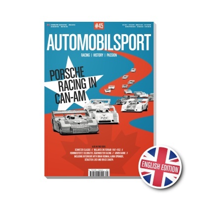 Capa da revista AUTOMOBILSPORT com carros de corrida e texto sobre Porsche Racing in Can-Am