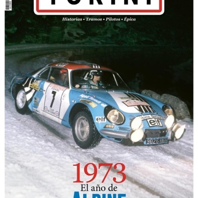 Capa da revista TURINI com carro de rali Alpine na neve em 1973.