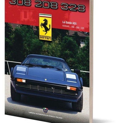 Livro sobre Ferrari modelos 308, 208, 328 com capa vermelha e carro azul