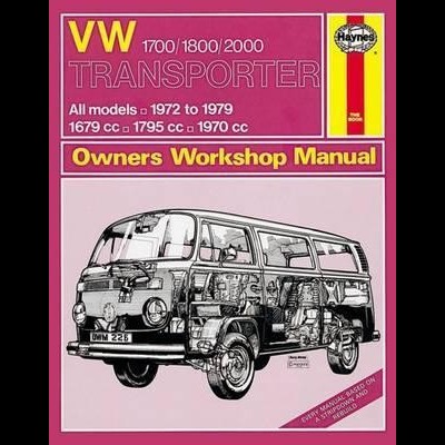 Capa do manual Haynes para VW Transporter com ilustração técnica da carrinha e texto vermelho, amarelo e branco