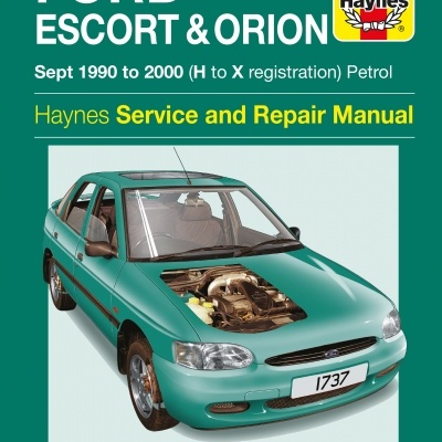 Capa de manual Ford Escort & Orion Haynes com fundo verde e imagem de carro verde com capô aberto