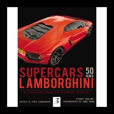 Capa de livro com Lamborghini vermelho e texto sobre supercarros Lamborghini.