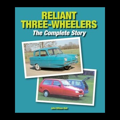 Capa de livro sobre Reliant Three-Wheelers com fotos de carros azul e vermelho