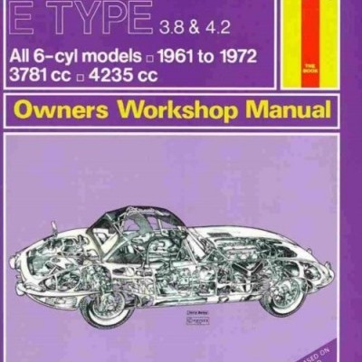 Capa do manual de oficina Jaguar E Type 3.8 & 4.2 com fundo roxo e ilustração técnica do carro