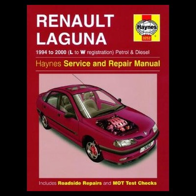 Capa de manual para Renault Laguna de 1994 a 2000, com imagem de carro vermelho e texto em branco e amarelo sobre fundo vermelho