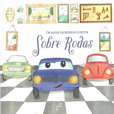 Livro infantil com carros amarelo, vermelho e azul, molduras com desenhos de carros e ferramentas, texto em português.