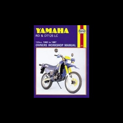 Manual de oficina Yamaha RD & DT 125 LC com imagem de mota azul e amarela