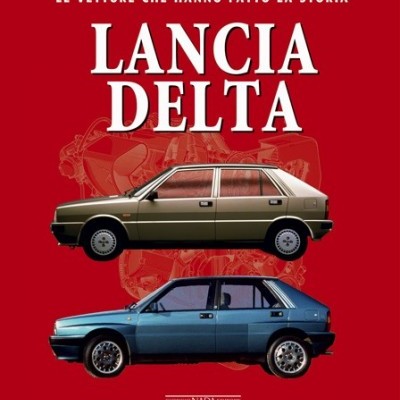 Poster vermelho com texto e imagens de dois carros Lancia Delta de cores cinza e azul.