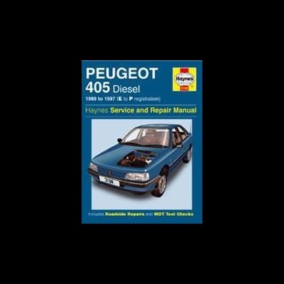 Manual Haynes para Peugeot 405 Diesel com carro azul e motor à mostra