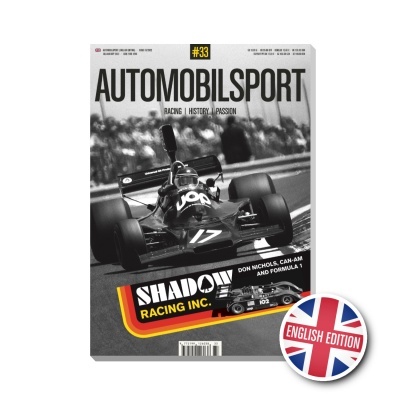 Capa da revista AUTOMOBILSPORT com carro de corrida número 17, texto Shadow Racing Inc. e selo English Edition com bandeira do Reino Unido.