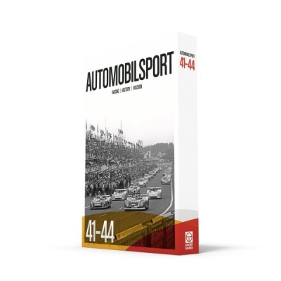 Capa do livro AUTOMOBILSPORT com fotografia a preto e branco de corrida de carros e números 41-44 em amarelo e vermelho