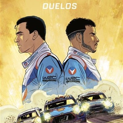 Capa de banda desenhada com pilotos de rali e carros em estrada de terra
