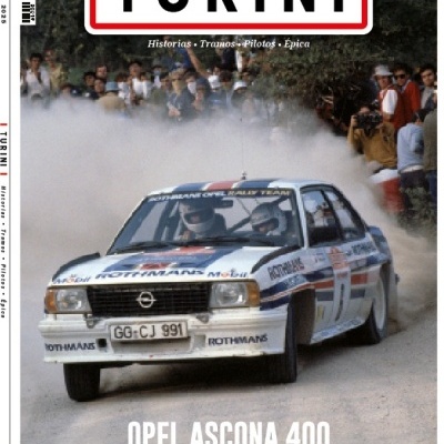 Capa da revista TURINI com carro de corrida Opel Ascona 400 branco em estrada de terra