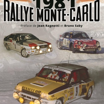 Capa de livro de rali Monte-Carlo 1981 com três carros clássicos em neve