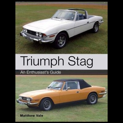 Duas viaturas Triumph Stag clássicas, uma branca e outra laranja, em relvado com texto de capa de livro