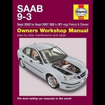 Capa de manual Haynes para SAAB 9-3 com carro cinza e capô aberto