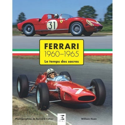 Capa de livro com carros de corrida Ferrari vermelhos e texto sobre os anos de 1960 a 1965.