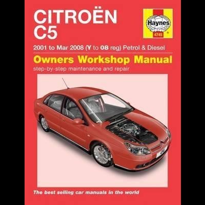Capa de manual Haynes para Citroën C5 2001-2008 com carro vermelho e capô aberto