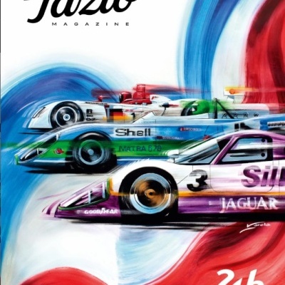Capa da revista Tazio com carros de corrida clássicos coloridos e texto 24h LE MANS.