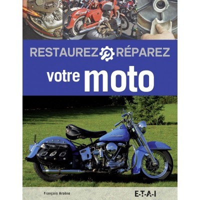 Capa de livro com imagens de motos e texto em francês sobre restauração de motos