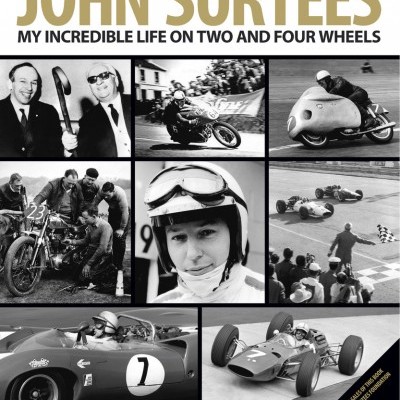 Capa do livro com fotos em preto e branco de corridas de motos e carros