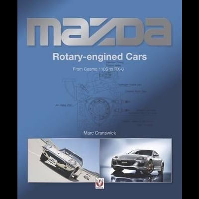 Capa de livro azul com título Mazda Rotary-engined Cars e imagens de carros prateados