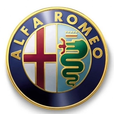 Emblema redondo Alfa Romeo azul e dourado com cruz vermelha e serpente verde