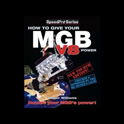 Capa de livro com motor V8 e texto promocional relacionado ao MGB