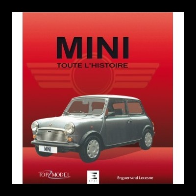 Livro com imagem de um carro Mini clássico cinza em fundo vermelho