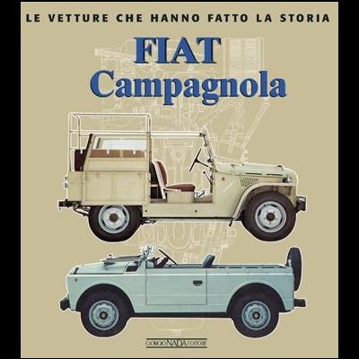 Duas viaturas clássicas Fiat Campagnola, bege e azul, com texto em italiano no fundo.