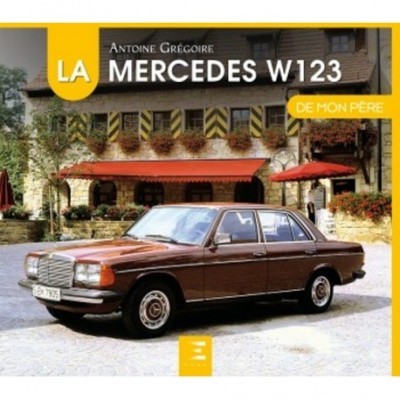 Capa de livro com carro Mercedes W123 castanho em frente a edifício e texto