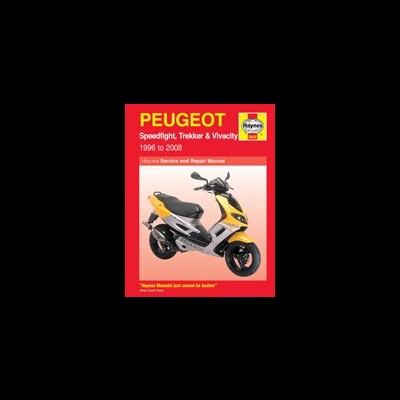 Capa do manual Haynes para motos Peugeot com imagem de scooter amarela e texto em vermelho