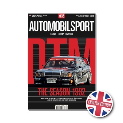 Capa da revista Automobilsport com carro de corrida preto e vermelho e selo English Edition.