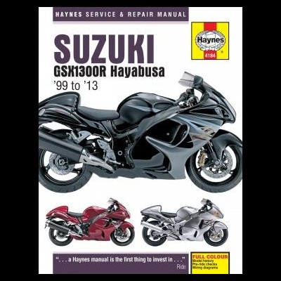 Capa do manual Haynes Suzuki GSX1300R Hayabusa com motocicleta preta e motos vermelha e cinza.