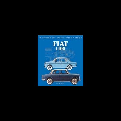 Ilustração de dois carros FIAT 1100 em fundo azul com texto branco