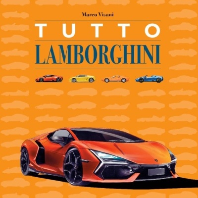 Capa de livro sobre Lamborghini com carros coloridos e fundo laranja