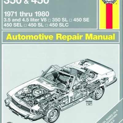 Capa de manual de reparação automóvel Mercedes-Benz 350 & 450 com ilustração técnica de carro