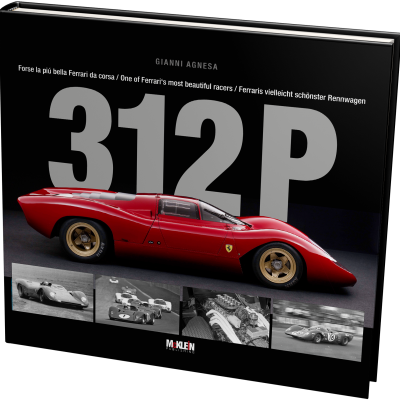 Livro com imagem de Ferrari 312P vermelho e texto em várias línguas