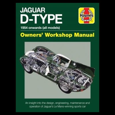 Capa de manual técnico verde com título, logotipo Haynes e imagem de carro Jaguar D-Type com componentes internos visíveis